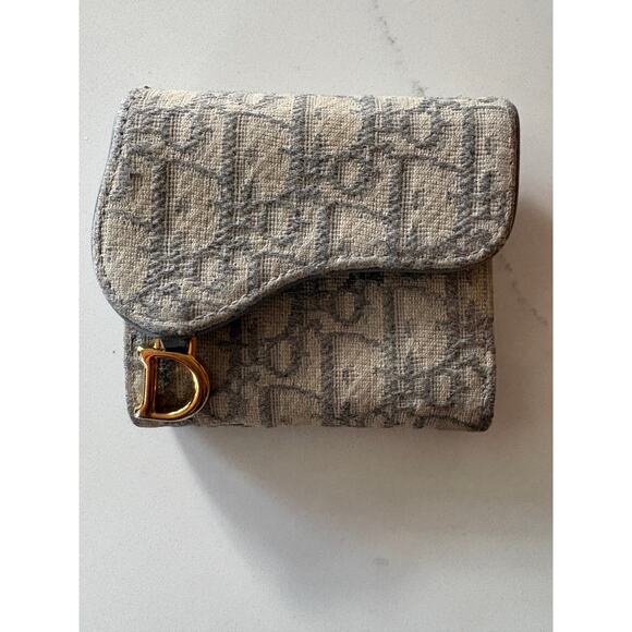 Dior Handbags - Christian Dior Saddle Lotus Trifold Wallet Blue Oblique Jacquard Gold D Charm